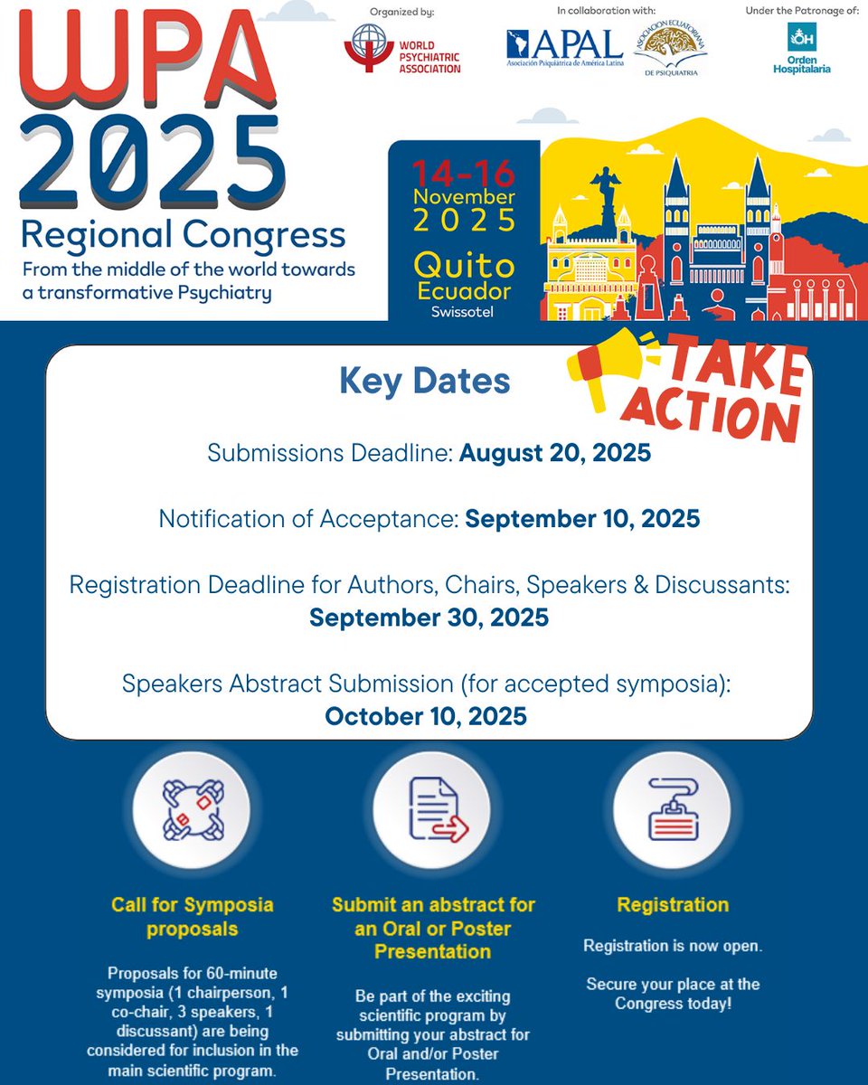 Psychiatry from the middle of the world 🌎🧠 Join the WPA 2025 Regional Congress in Quito!
🗓️ Nov 14–16
✅ Submit by Aug 20
✅ Register early
Take action for a transformative mental health future. #WPA2025 #MentalHealth
<a href="/Prof_TGSchulze/">Prof. Thomas G. Schulze 🎗INDEPENDENT Libertarian</a> <a href="/ecps_wpa/">WPA ECPs Section</a> <a href="/WPA_Psychiatry/">World Psychiatric Association (WPA) wpanet.org</a>