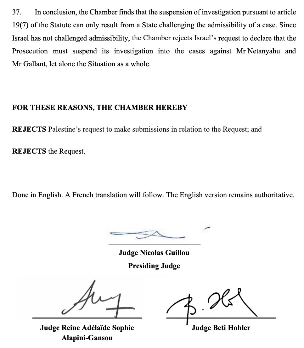 The ICC Pre-Trial Chamber has rejected Israel's request to withdraw or vacate the arrest warrants for Netanyahu and Gallant and to suspend the ongoing investigation.

I will add a 🧵 below soon.