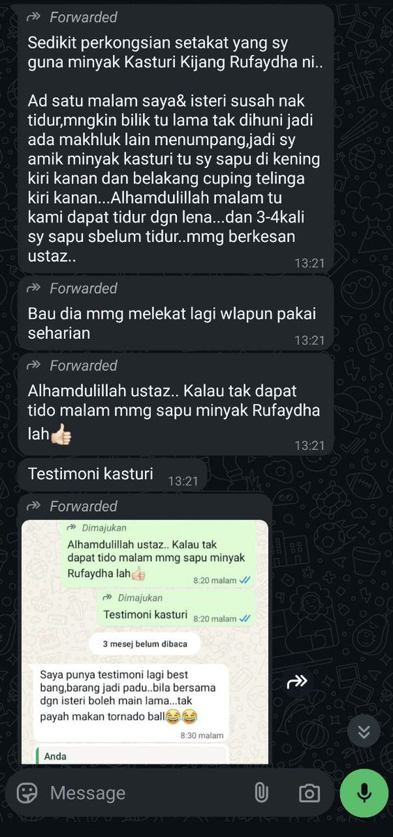 saudagarmz's tweet image. 💰 *RM 50 sebotol saja (3ml)*
❗️ *Tinggal 10 botol SAHAJA dalam stok!* Siapa cepat dia dapat.

🛒 Nak 1 atau 2 botol? Terus wasap saya sekarang sebelum HABIS.

📩 wasap.my/601128620924 /sayanakkasturikijang

#kasturikijang #kasturi #kijang #minyakwangi