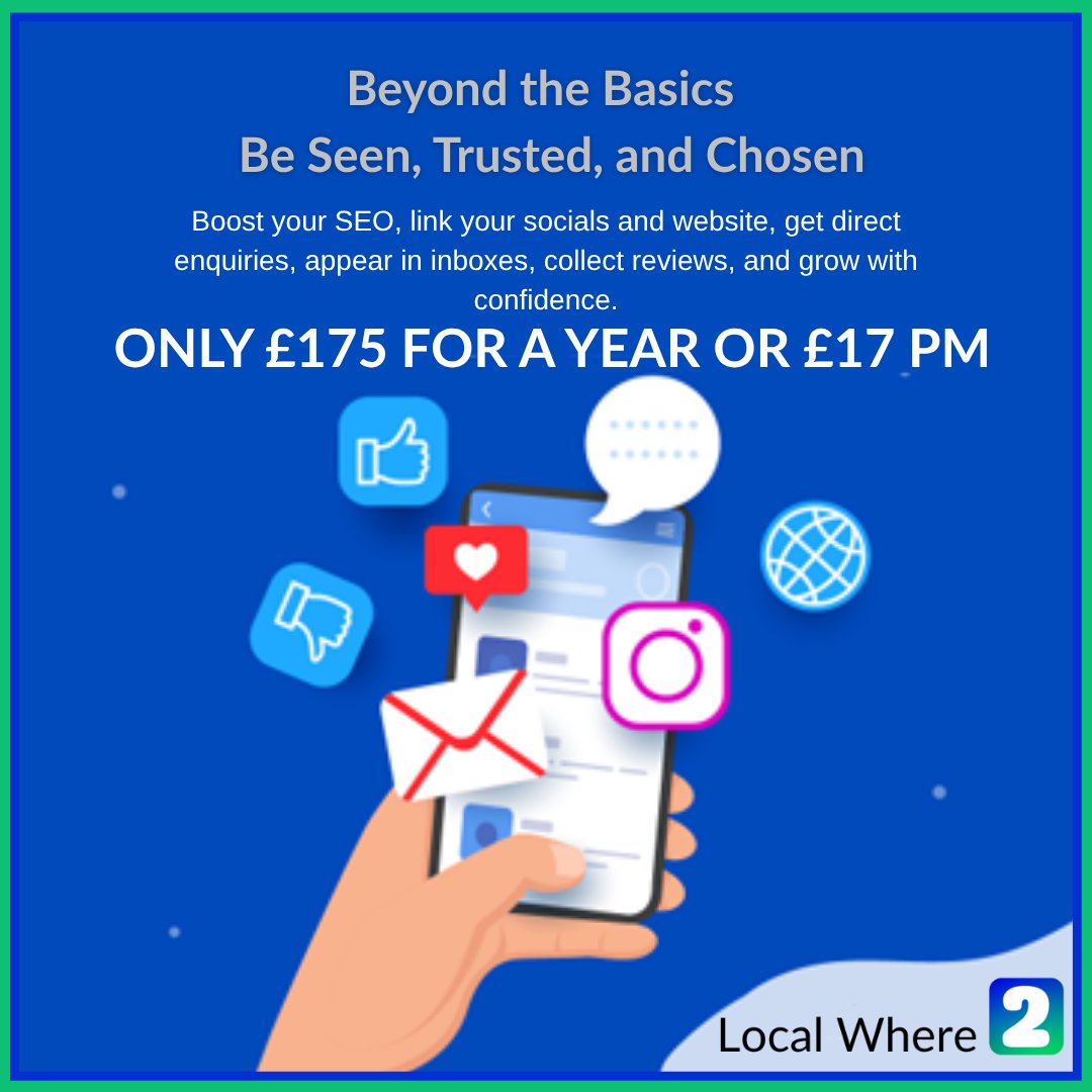 LocalWhere2's tweet image. Local business? Your customers are already searching online.
Make it easy for them to find (and trust) you.
Silver on Local Where 2 =
✅ Website &amp;amp; socials
✅ Reviews &amp;amp; trust badge
✅ Inbox visibility
All for under £176/year! #LocalWhere2