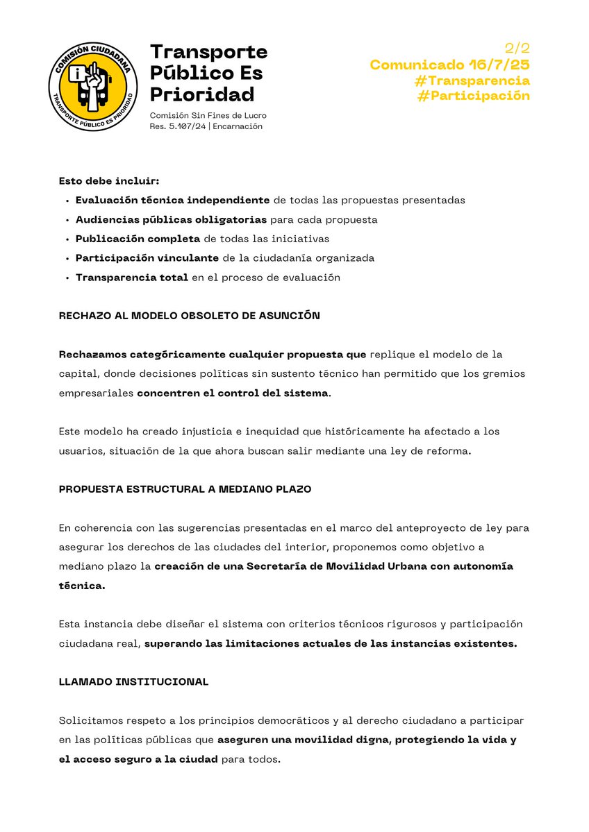 🚨 No más demoras

Un adulto mayor murió en Encarnación por falta de transporte público digno.

EXIGIMOS
✅ Evaluación técnica de propuestas nuevas
✅ Audiencias públicas obligatorias
✅ Participación ciudadana real
❌ No al modelo obsoleto de Asunción

🔗 transporteesprioridad.blogspot.com/2025/07/no-mas…