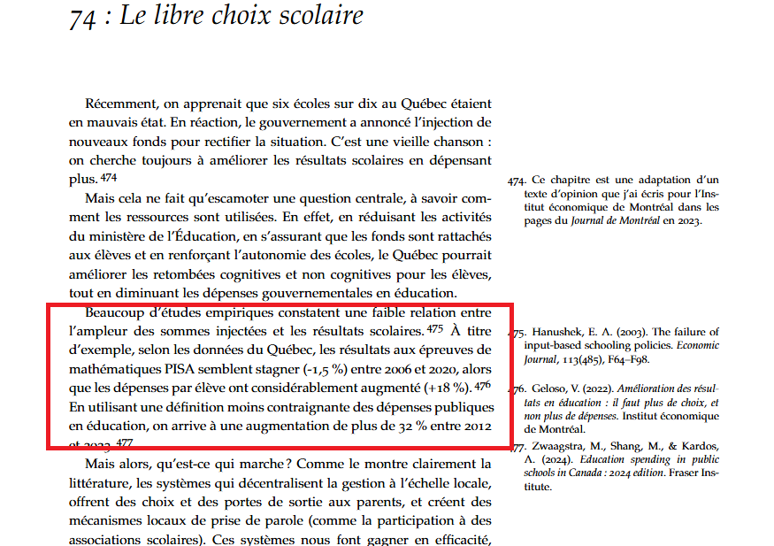VincentGeloso's tweet photo. J'ai beau être souverainiste et détester le gouvernement caquiste, mais il faut cesser de mentir sur l'éducation. Dans mon livre et dans plusieurs études, je montre que les dépenses en éducation par écolier/élève augmente monotoniquement depuis 2006. Aucune baisse!

En plus, il faut ajouter que les dépenses par élève sont un indicateur médiocre des différences de performance scolaire. Elles ne prédisent presque rien (voir Référence 2) 

Références: 
1) Geloso, V. (2022). Amélioration des résultats en éducation: il faut plus de choix, et non plus de dépenses. Note économique, IEDM.

2) Hanushek, E. A. (2003). The failure of input‐based schooling policies. The economic journal, 113(485), F64-F98.
