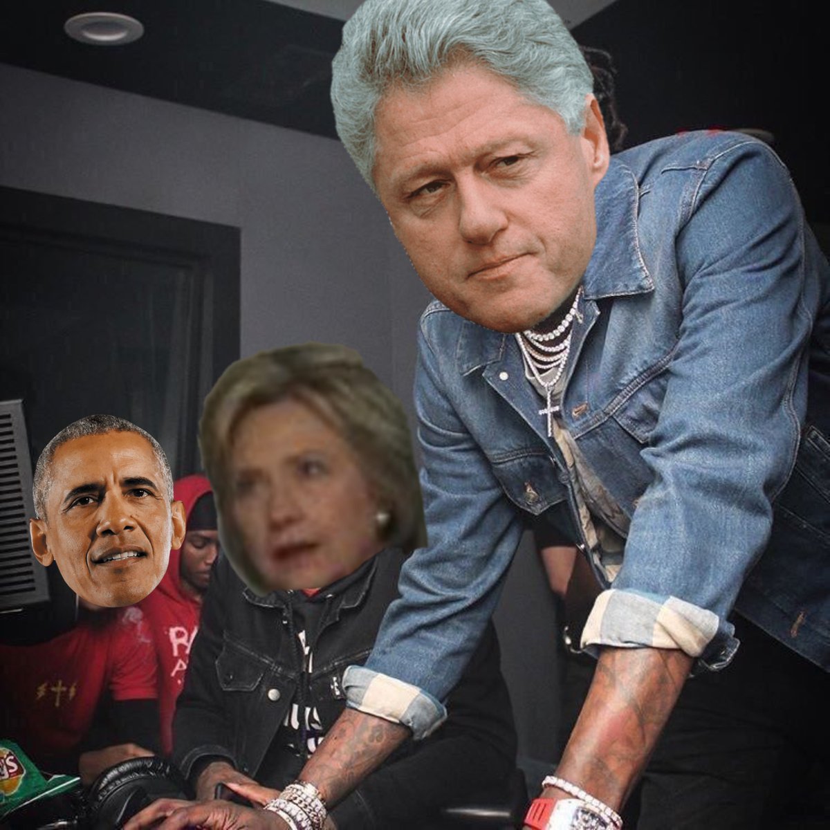 Hillary and Obama watching Bill Clinton add his own name to the Epstein file after they made it