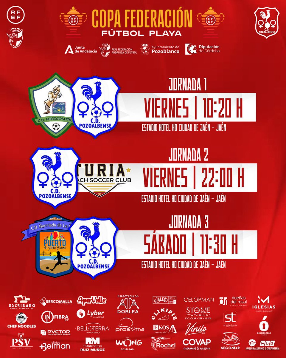 🔴 Nos pasamos al rojo… ¡y ya tenemos horarios para la Copa Federación!

Cerramos la liga… y abrimos un nuevo reto representando a Andalucía como campeonas.
Empieza la Copa RFEF de Fútbol Playa, y aquí está nuestro calendario.

📍 Hotel HO Ciudad de Jaén