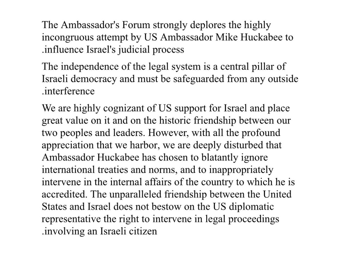 Foreign_PolicyF's tweet image. The unprecedented presence of @USAmbIsrael at the @netanyahu criminal trial hearings & his statements on the matter are unacceptable by any standard, official & practical. @StateDept @usembassyjlm @IsraelMFA
The @Foreign_PolicyF issued the following statement in this regard: