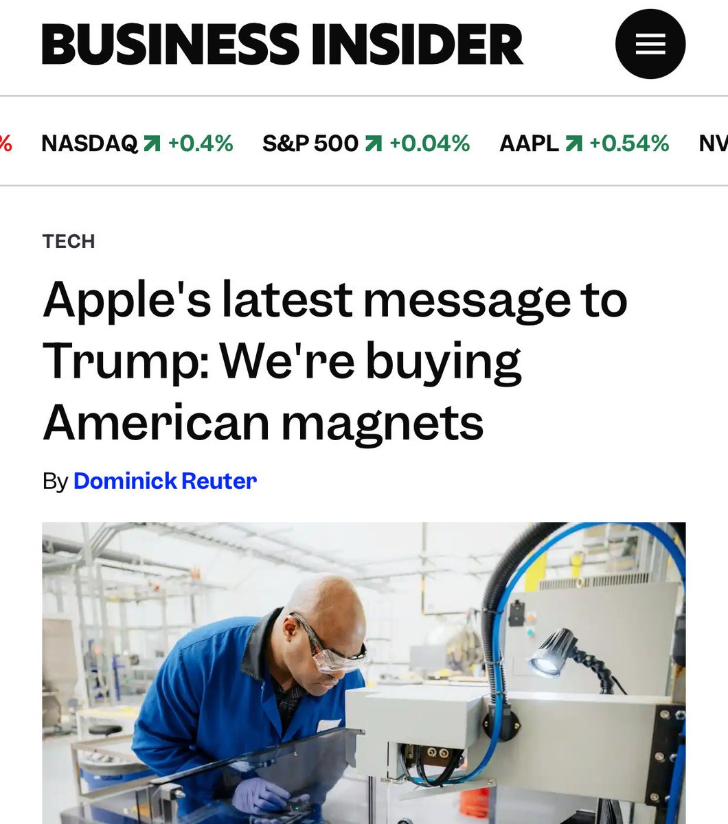 CommerceGov's tweet image. Apple is investing $500M to purchase American-made rare earth magnets. This is a MASSIVE victory for America, our supply chain, jobs, and national security.