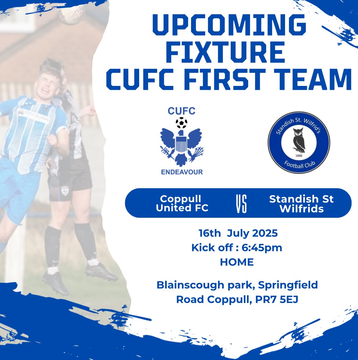 ITS GAME DAY !! 

Tonight we welcome back Standish St Wilfred’s to coppull United for a friendly against our First Team ! 

Club will be open from 6! ⚽️🍺🍟

Read for Kick Off 6:45 pm 

Hope too see you there !