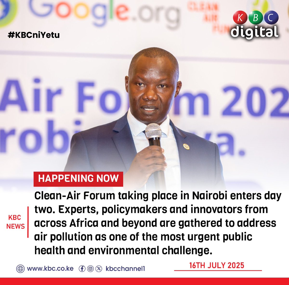 HAPPENING NOW
Clean-Air Forum taking place in Nairobi enters day two. Experts, policymakers and innovators from across Africa and beyond are gathered to address air pollution as one of the most urgent public health and environmental challenge.
#KBCniYetu ^KG