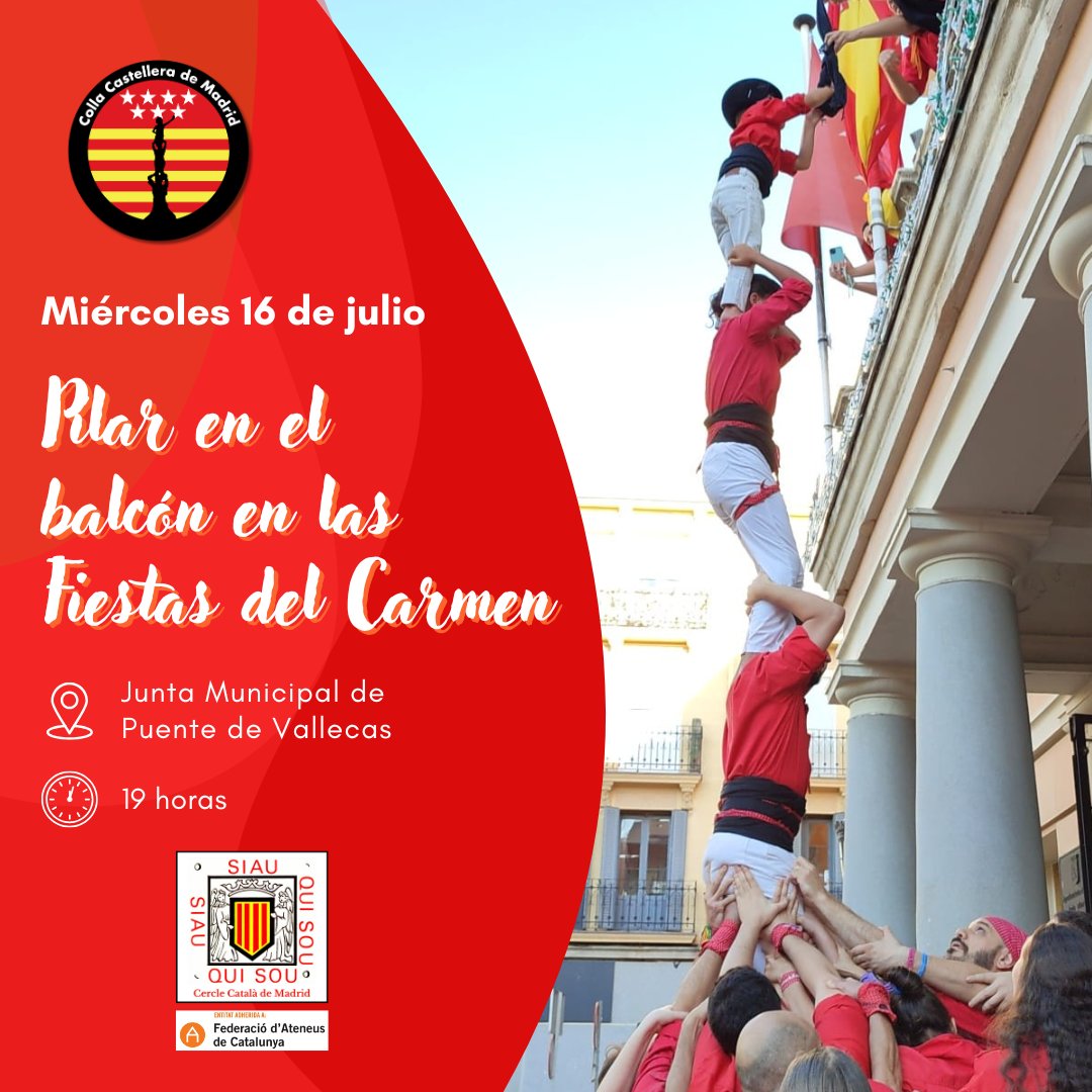 ¡Gatos! 😻 ¡Hoy tenemos una cita en Puente de Vallecas! ¡Participaremos en el pistoletazo de salida de las Fiestas del Carmen con el tradicional pilar en el balcón! 💪🏻 ¡Os esperamos!

🗓️ Miércoles 16 de julio
🕖 A las 19 h
📍Junta Municipal del Puente de Vallecas