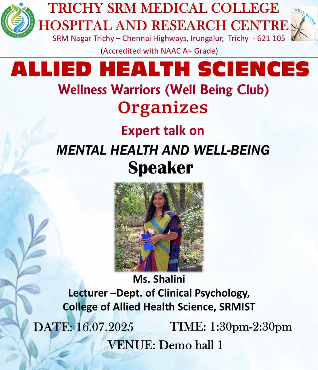 SRMMCHRC's tweet photo. Expert Talk on Mental Health &amp; Well-Being
Organized by The Wellness Warriors of the Well-Being Club, TSRMMCH&amp;RC – AHS
#MentalHealthMatters #SRMAHS #WellBeingClub #ExpertTalk #SelfCare #Mindfulness #SRMIST #CampusWellness https://t.co/G3f6pJPs5b