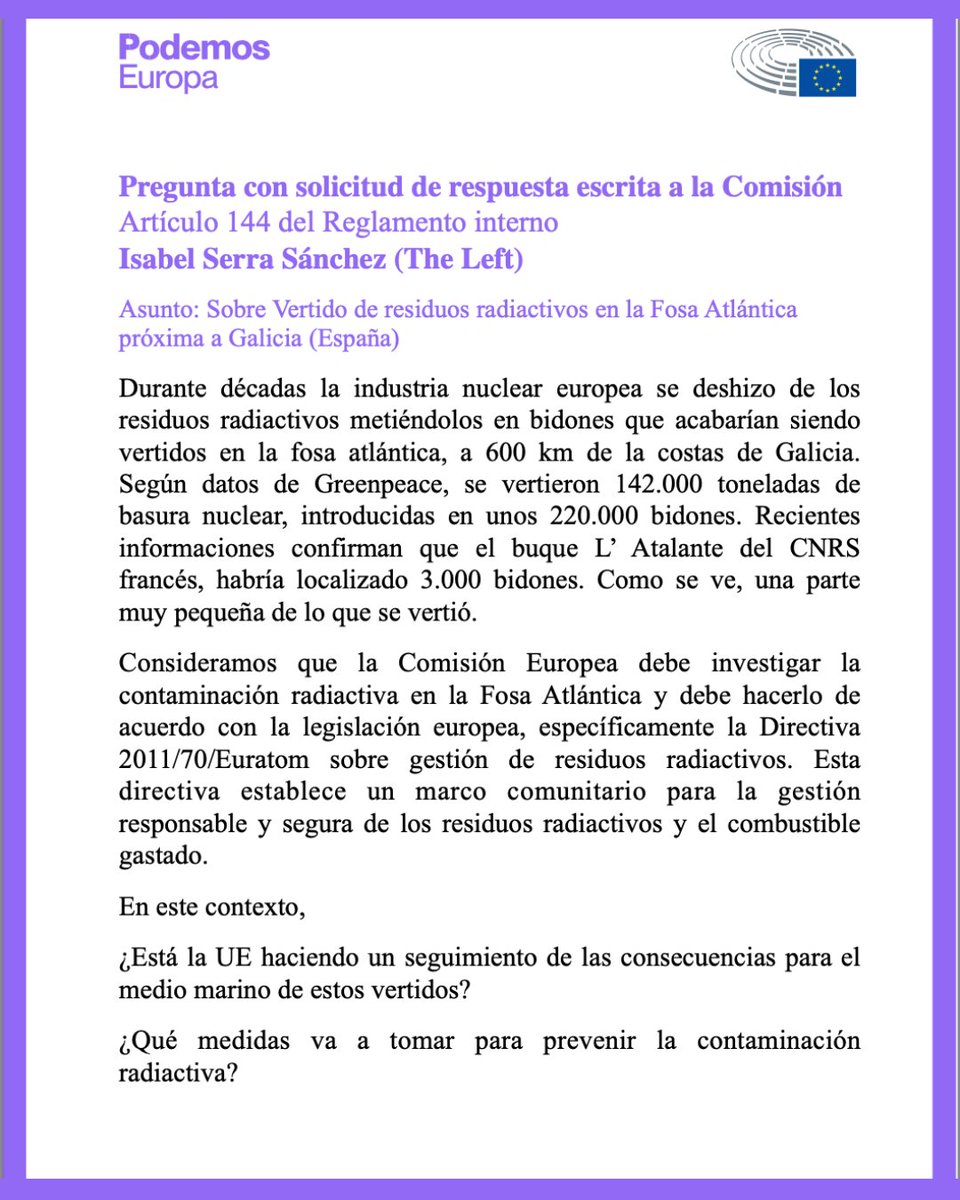 Podemos en Europa (@europodemos) on Twitter photo Durante años Europa ha estado tirando residuos radiactivos a la fosa atlántica cerca de las costas gallegas. Desde Podemos y <a href="/AlianzaVerde_/">Alianza Verde 🌱</a> exigimos a la Comisión Europea que investigue las consecuencias de estos vertidos que nos ponen en peligro y amenazan el ecosistema 👇 Durante años Europa ha estado tirando residuos radiactivos a la fosa atlántica cerca de las costas gallegas. Desde Podemos y <a href="/AlianzaVerde_/">Alianza Verde 🌱</a> exigimos a la Comisión Europea que investigue las consecuencias de estos vertidos que nos ponen en peligro y amenazan el ecosistema 👇