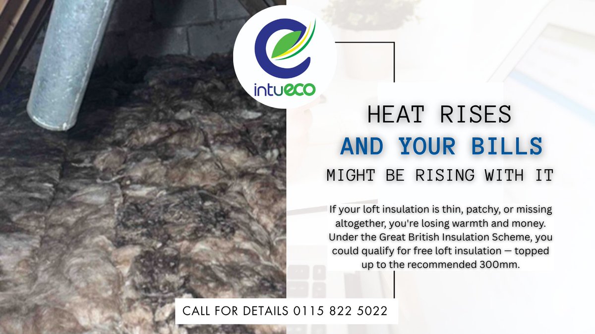 intuecoltd's tweet image. Heat rises — don’t let your bills rise with it 😤 If your loft insulation’s under 300mm, you could get it sorted for FREE. Message us to check 👇
#loftinsulation #freeinsulation #saveonbills #eco4scheme #energyhelp #nhsreferrals #keeptheheat #warmhomesupport