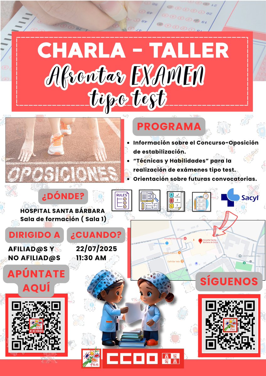 FSSCCOOCYL's tweet image. 🆕 Ya tenemos fecha para el próximo taller "Afrontar Examen Tipo Test" en el Hospital Santa Bárbara.
✍️ Apúntate en el formulario para asistir presencialmente: forms.gle/symgDHCXUgURWc…
👀 Atento a la convocatoria en tu provincia.
#CCOOseMueve #FormaciónCCOO