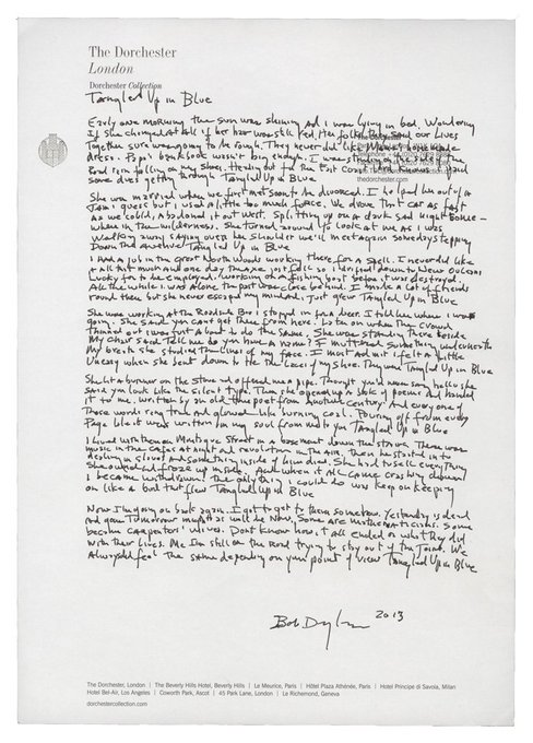 TheExtremeMusi1's tweet photo. "Sure was gonna be rough
They never did like mama's homemade dress
Papa's bankbook wasn't big enough
And I was standing on the side of the road
Rain falling on my shoes
Heading out for the east coast
Lord knows I've paid some dues getting through
#TangledUpInBlue"
— Bob Dylan https://t.co/dcESaqPVDT