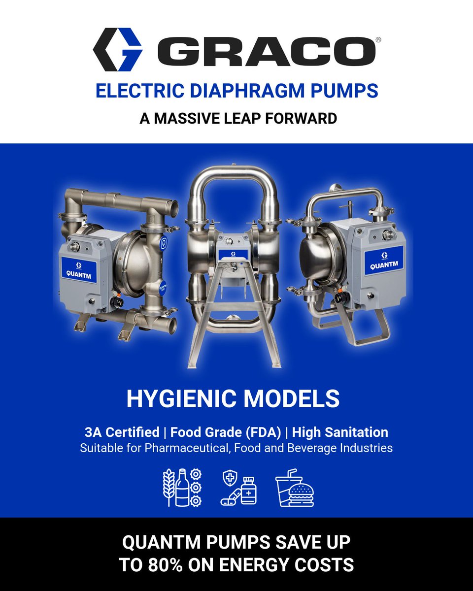 TFPumps's tweet image. 🚨 Now at TF Pumps: Graco QUANTM™ Hygienic Electric Diaphragm Pumps!
✅ 3A Certified
✅ FDA Food Grade
✅ Ultra Sanitary – ideal for food, pharma &amp;amp; beverage
💡 Save up to 80% on energy costs!
#GracoQUANTM #HygienicPumps #EODD
Shop QUANTM: buff.ly/1uzcvNf
