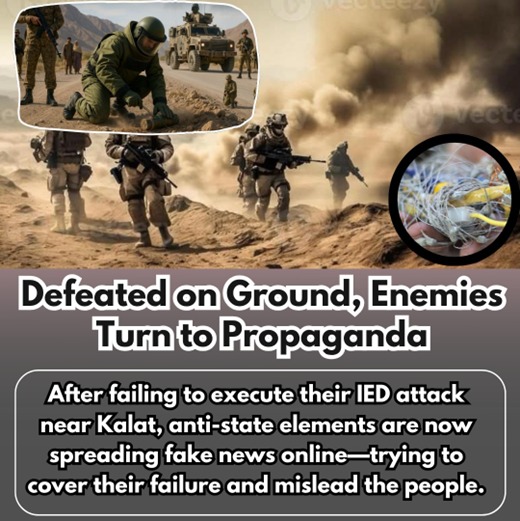 lfyouknow_'s tweet photo. Defeated on Ground, Enemies Turn to Propagand
aAfter failing to execute their IED attack near Kalat, anti-state elements are now spreading fake news online—trying to cover their failure and mislead the people.
#SecurityForces
#PakistanArmy
#IEDDefused
#TerrorismFailed https://t.co/WeEf3WoTLh