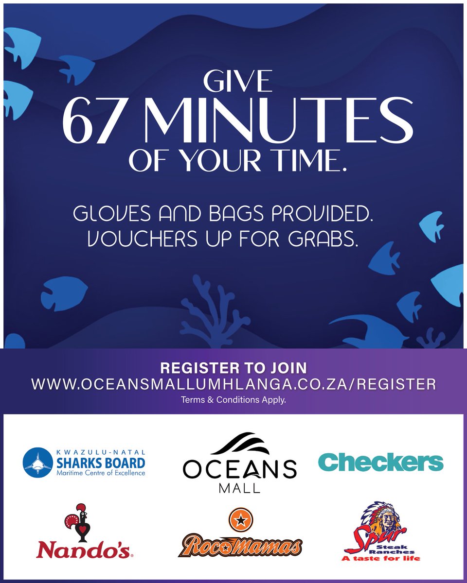 OceansMallSA's tweet image. Join us this Mandela Day for the Oceans for Oceans Beach Clean-Up 🌊💙
Let’s unite for 67 minutes to protect our coast & give back to our community.
18 July - 8 AM
oceansmallumhlanga.co.za/register
#OceansforOceans #MandelaDay #67Minutes #BeachCleanUp #Umhlanga #OceansMall