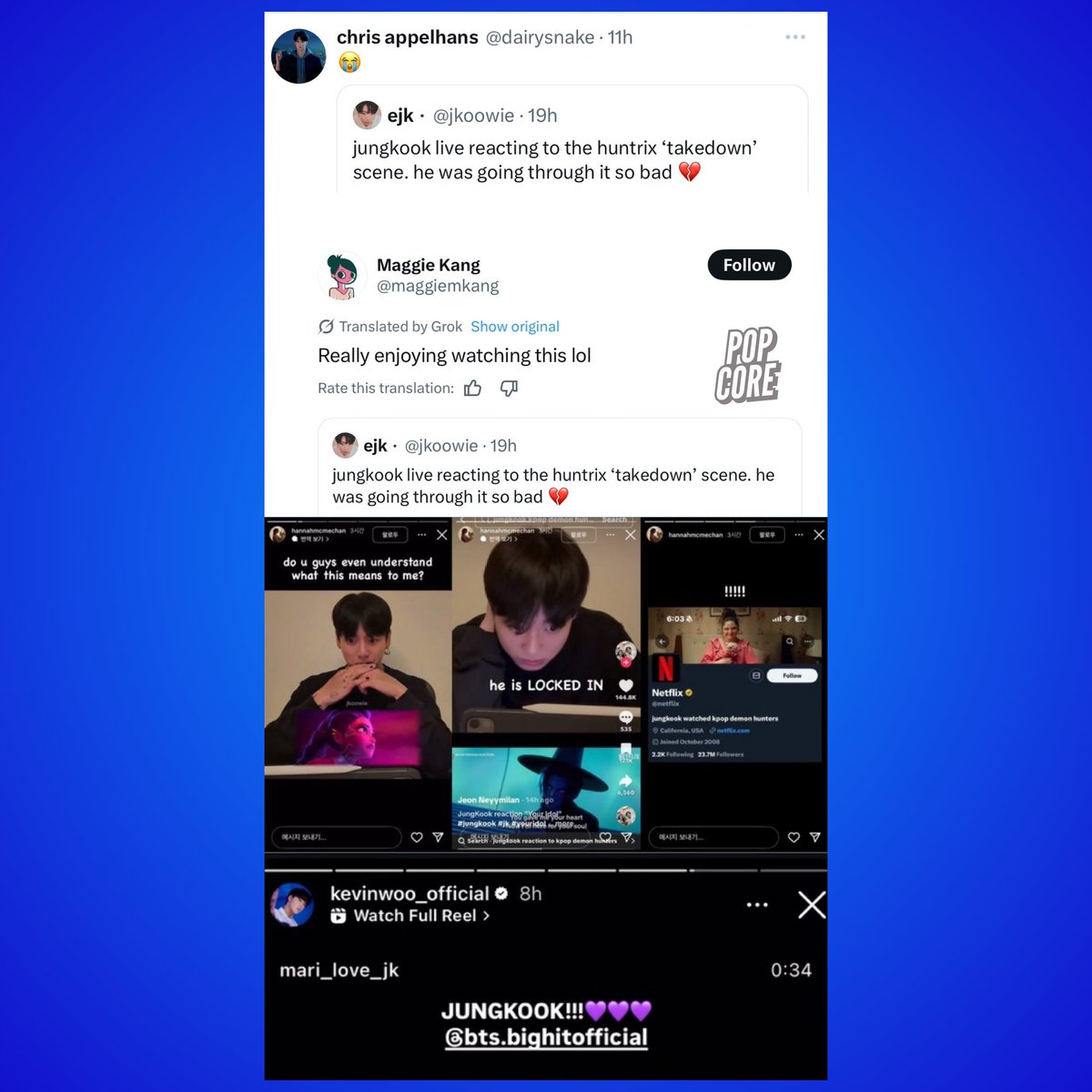 Multiple directors, writers, and even Netflix itself of the popular Netflix film 'K-Pop: Demon Hunters' shared their reactions to Jungkook watching the movie during his live, proving his influence and impact.