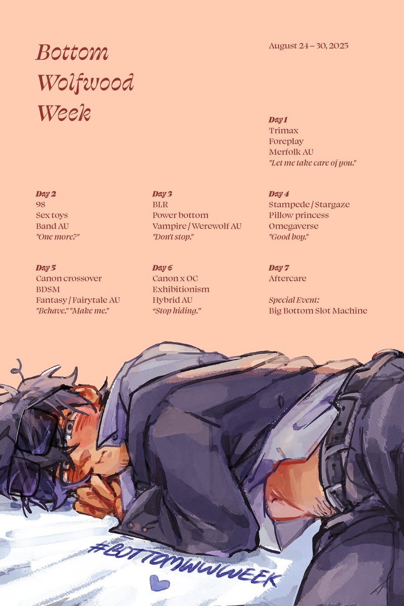 bottomwwweek's tweet image. #bottomwwweek #trigun
Bottom Wolfwood Week Prompt List has come!
Event dates August 24 - 30
Tag your work on Twitter/X, Tumblr, or Bluesky to be featured on our account! An AO3 collection will be created in the coming days ;)
Art credit @myuminji
Text version in thread ⬇️