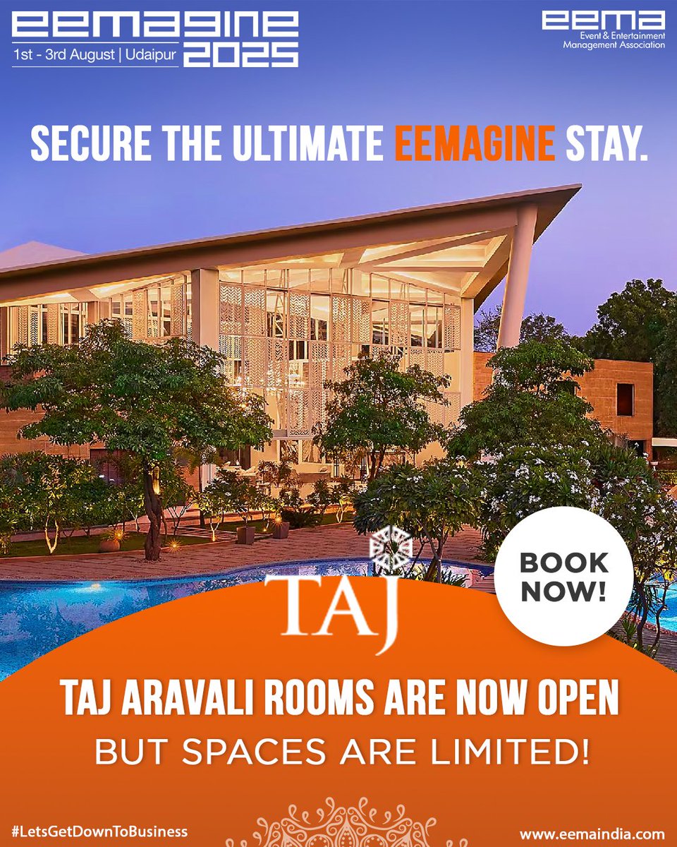 We're thrilled to announce that rooms at the luxurious Taj Aravali are now officially open for bookings. 

📍 Fairmont Udaipur Palace

📅 August 1–3, 2025

🎟️ Register Now → events.eemaindia.com/reg-events/gjd…

Book Your Spot Now!

#EEMAGINE2025 #EEMAIndia #TakingIndiaToTheWorld
