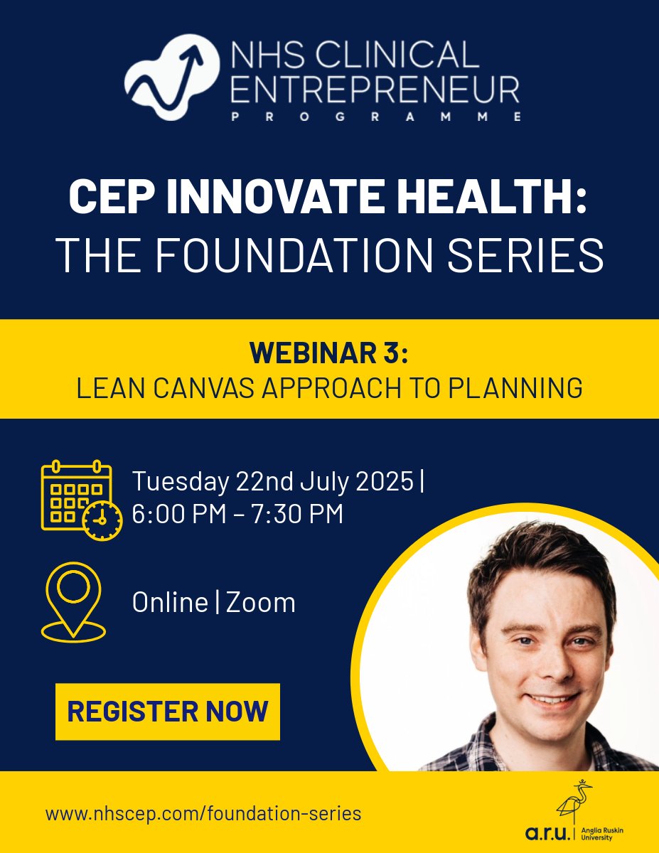 NHS_CEP's tweet image. In webinar 3, you’ll learn how to deconstruct your start-up idea or innovation into a simple, one-page business plan using the lean canvas approach, led by Dr Harry Thirkettle.
📢 Make sure you’ve registered ahead of the session: nhscep.com/foundation-ser…
#HealthcareInnovation