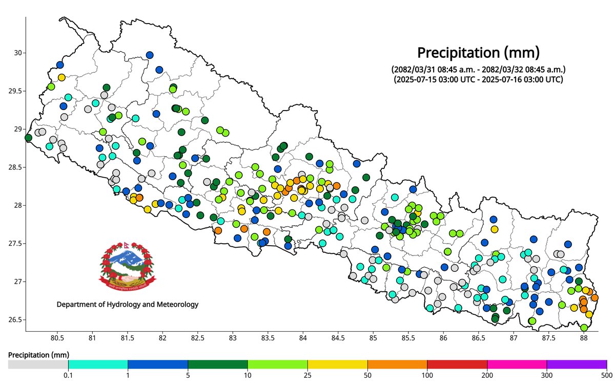 ClimateDhm's tweet image. #Daily_Weather_Summary_16th_July_2025
The highest daily precipitation (74.5mm) is recorded at Bagawanpur(Kapilbastu) today. The highest temperature (37.0°C) is recorded at Gaur (Rautahat) and the lowest (10.3°C) at Humde (Manang). For more, visit dhm.gov.np/climate-