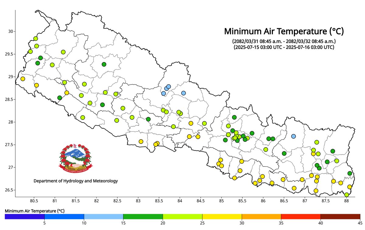 ClimateDhm's tweet image. #Daily_Weather_Summary_16th_July_2025
The highest daily precipitation (74.5mm) is recorded at Bagawanpur(Kapilbastu) today. The highest temperature (37.0°C) is recorded at Gaur (Rautahat) and the lowest (10.3°C) at Humde (Manang). For more, visit dhm.gov.np/climate-