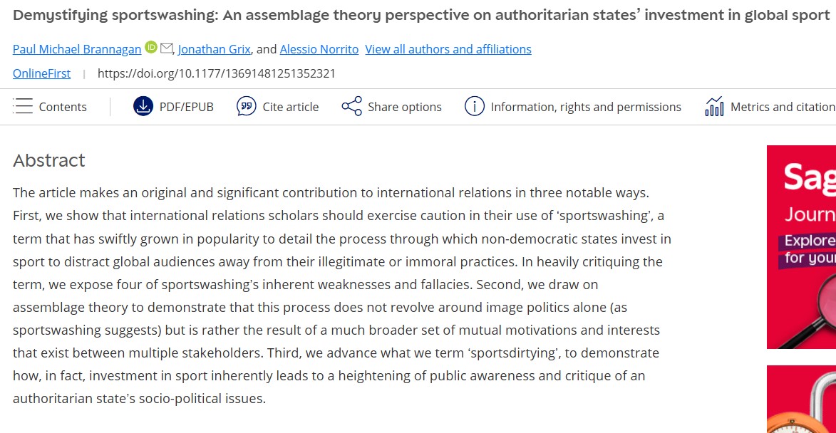 SPU_MMU's tweet image. Drs Paul Michael Brannagan, Jonathan Grix &amp;amp; Alessio Norrito have published &quot;Demystifying sportswashing: An assemblage theory perspective on authoritarian states’ investment in global sport&quot; in The British Journal of Politics &amp;amp; International Relations: journals.sagepub.com/doi/10.1177/13…