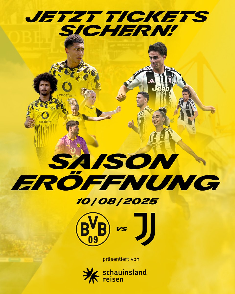 BVB's tweet image. ⚠️🚨 Der 𝐅𝐑𝐄𝐈𝐄 𝐕𝐎𝐑𝐕𝐄𝐑𝐊𝐀𝐔𝐅 ist gestartet! Am 10. August (17:30 Uhr) trifft der BVB im Rahmen der Saisoneröffnung auf @juventusfc. Alle BVB-Fans können sich jetzt Tickets für die Partie sichern! 🎟️
Hier ▶️ go.bvb.de/tw_saisoneroef…