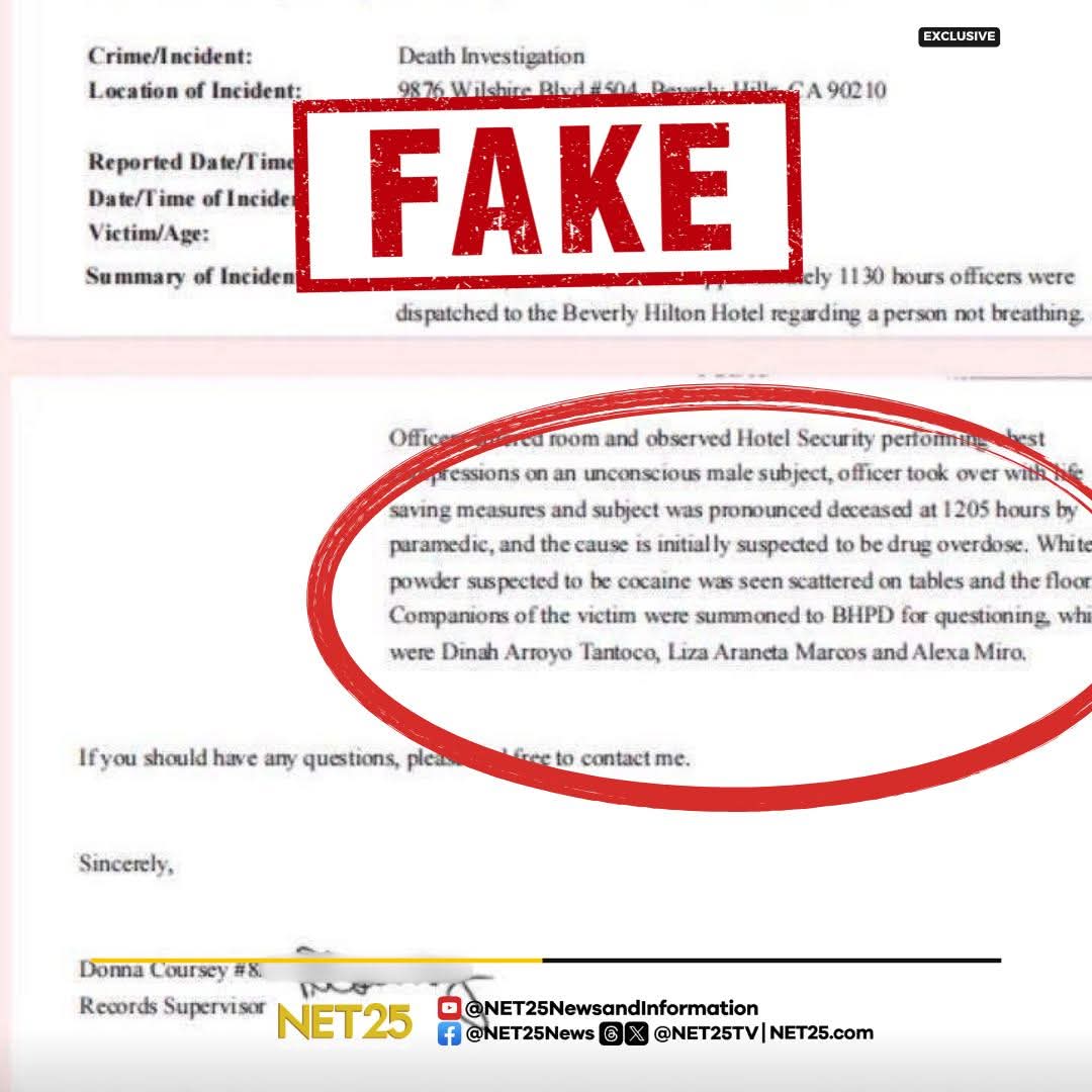 Net 25 got the original copy of the Beverly Hills Police Department Letter report on the death of businessman Paolo Tantoco. Nothing is mentioned about the cause of death and also the personalities being linked to the death of Tantoco.