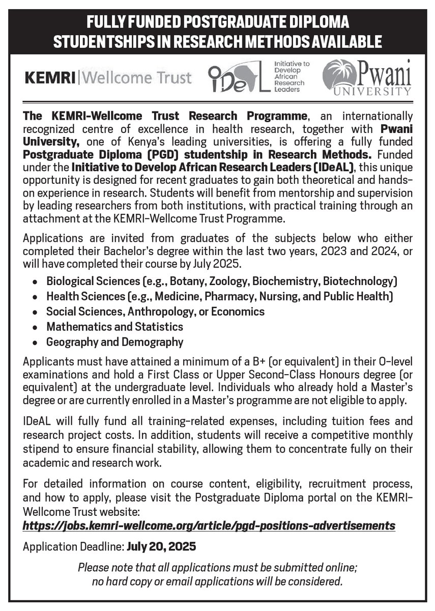 KEMRI_Wellcome's tweet image. Call for Applications📢!
Are you a recent graduate interested in research?
Apply for the fully funded Postgraduate Diploma Studentships offered by @KEMRI_Wellcome in partnership with @PU_Kilifi under @IDeAL_KEMRI_WT
🔗 : shorturl.at/TqKHI
🗓️: July 20, 2025