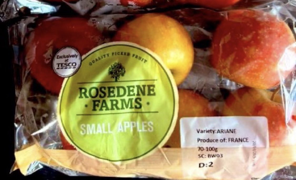 Tesco Rosedene Farms apples. 
It sounds like a quintessentially British farm…except the apples here are from France.

It’s time to end the supermarket farmwashing that dupes shoppers into thinking they are buying British food, when instead, they are buying produce from overseas.