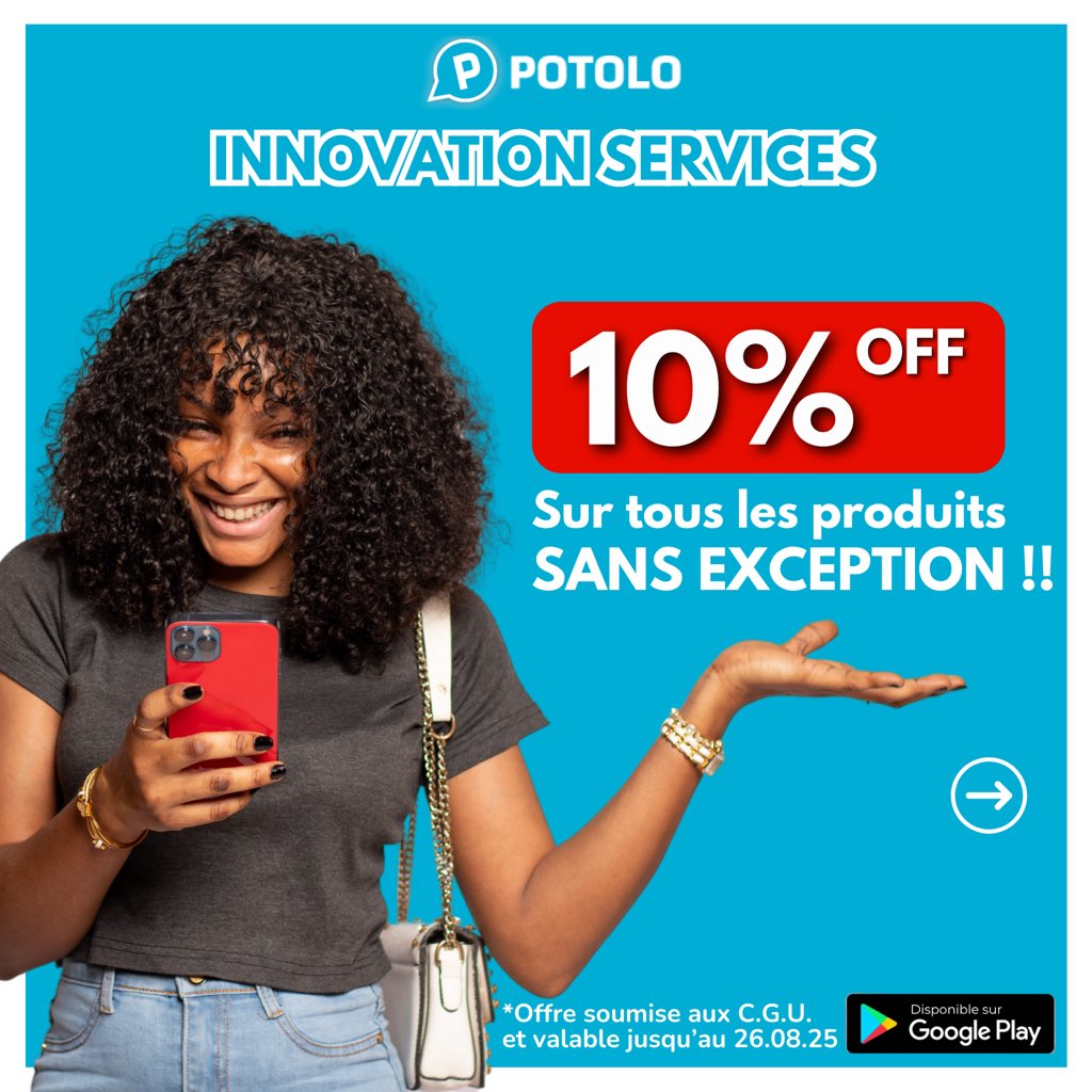 POTOLOSERVICES's tweet photo. 🎉 Huge discounts on Innovation Services on Potolo! 💃🏾🎶

 Enjoy a 10% discount on all items — exclusively on the Potolo App! 😍🛒
Don’t miss out on these huge savings.

 📲 Download the Potolo app now and start shopping smart!

#PotoloApp #doualashopping #onlineshopping https://t.co/kTJBnu3M1W