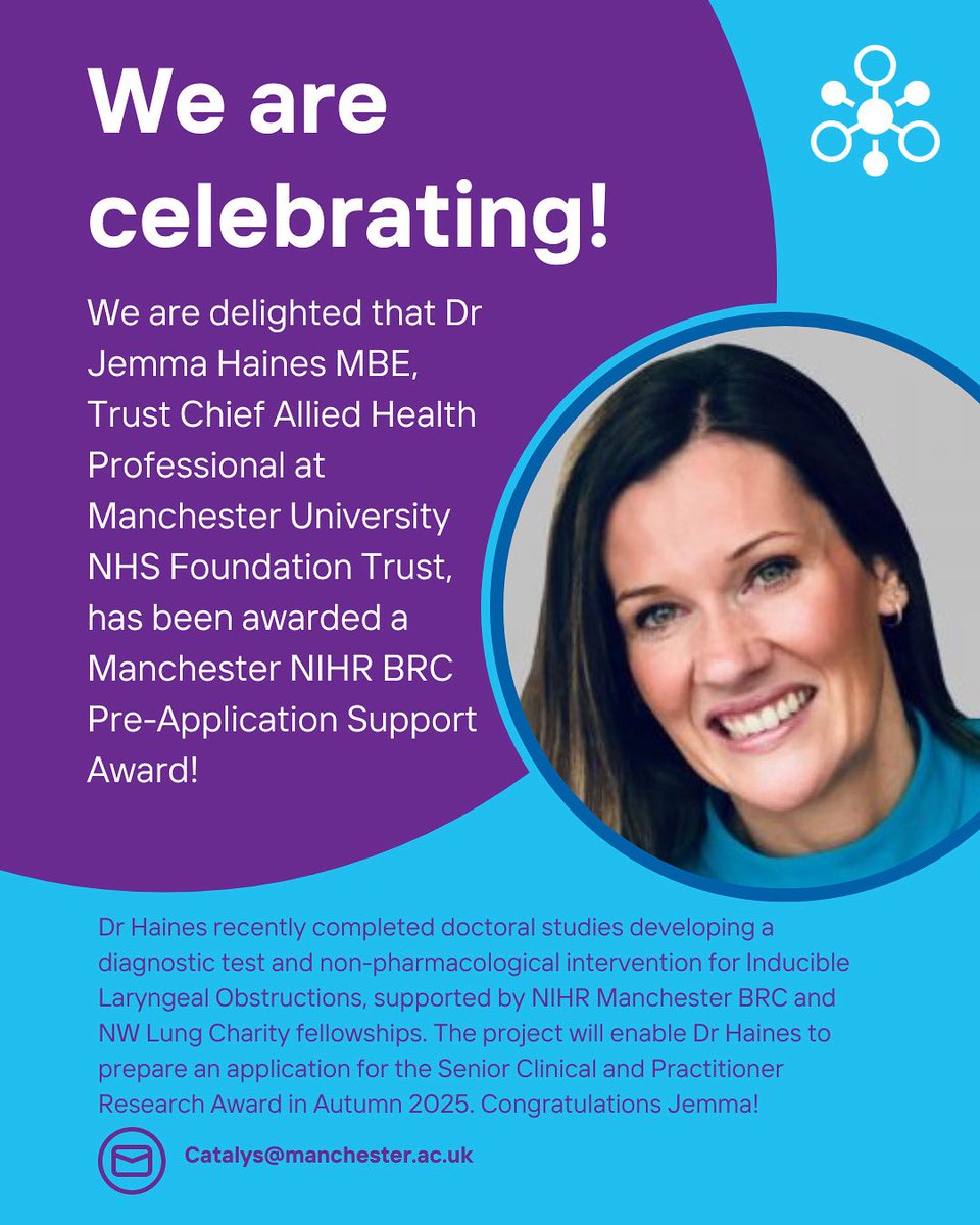 mcrcatalys's tweet image. 🎉 Congratulations to Dr Jemma Haines MBE on being awarded the Manchester NIHR BRC Pre-Application Support Fund! Jemma completed doctoral studies on Inducible Laryngeal Obstructions & this will support her Senior Clinical & Practitioner Research Award application🚀 @ManchesterBRC