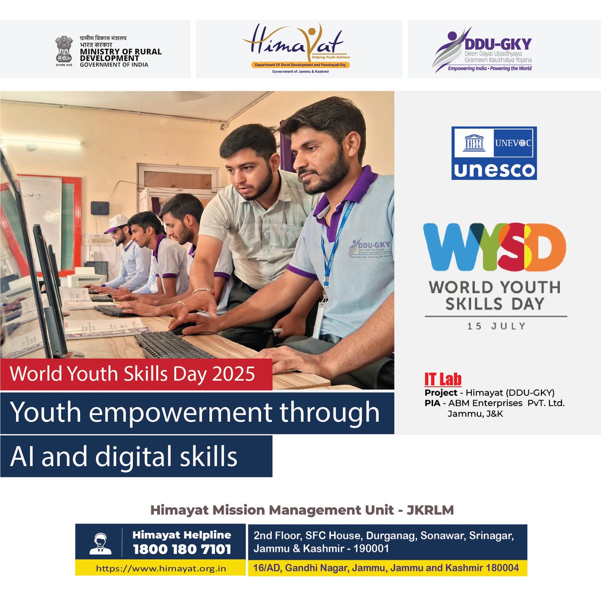 📷 World Youth Skills Day 2025.
Celebrated on 15th July with the theme:
"Youth Empowerment through AI &amp; Digital Skills"
Under Himayat-DDUGKY, we are skilling J&amp;K’s rural youth in future-ready domains — unlocking careers, confidence, and change. 📷📷
#WYSD2025 #DDUGKY #Himayat