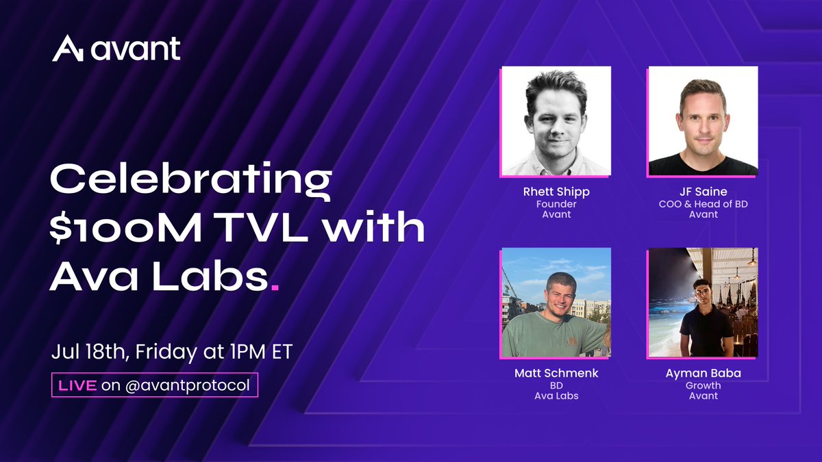 avantprotocol's tweet image. It&apos;s time to take a step back and celebrate.

Join us as we sit back with @MattSchmenk and discuss what makes Avant special, what&apos;s coming next in the pipeline, and how Avant is here to grow @avax 🔺

📅 Friday, July 18th, 1 PM ET.