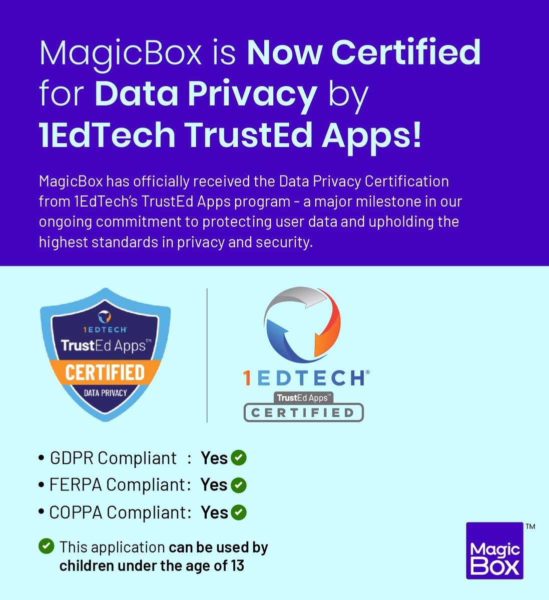 We're now officially 1EdTech® Data Privacy Certified!
Proud to be part of the TrustEd Apps ecosystem, raising the bar for trusted digital learning.
#DataPrivacy #EdTech #TrustEdApps #K12Education #EdTechInnovation #K12Publishing #DigitalLearning