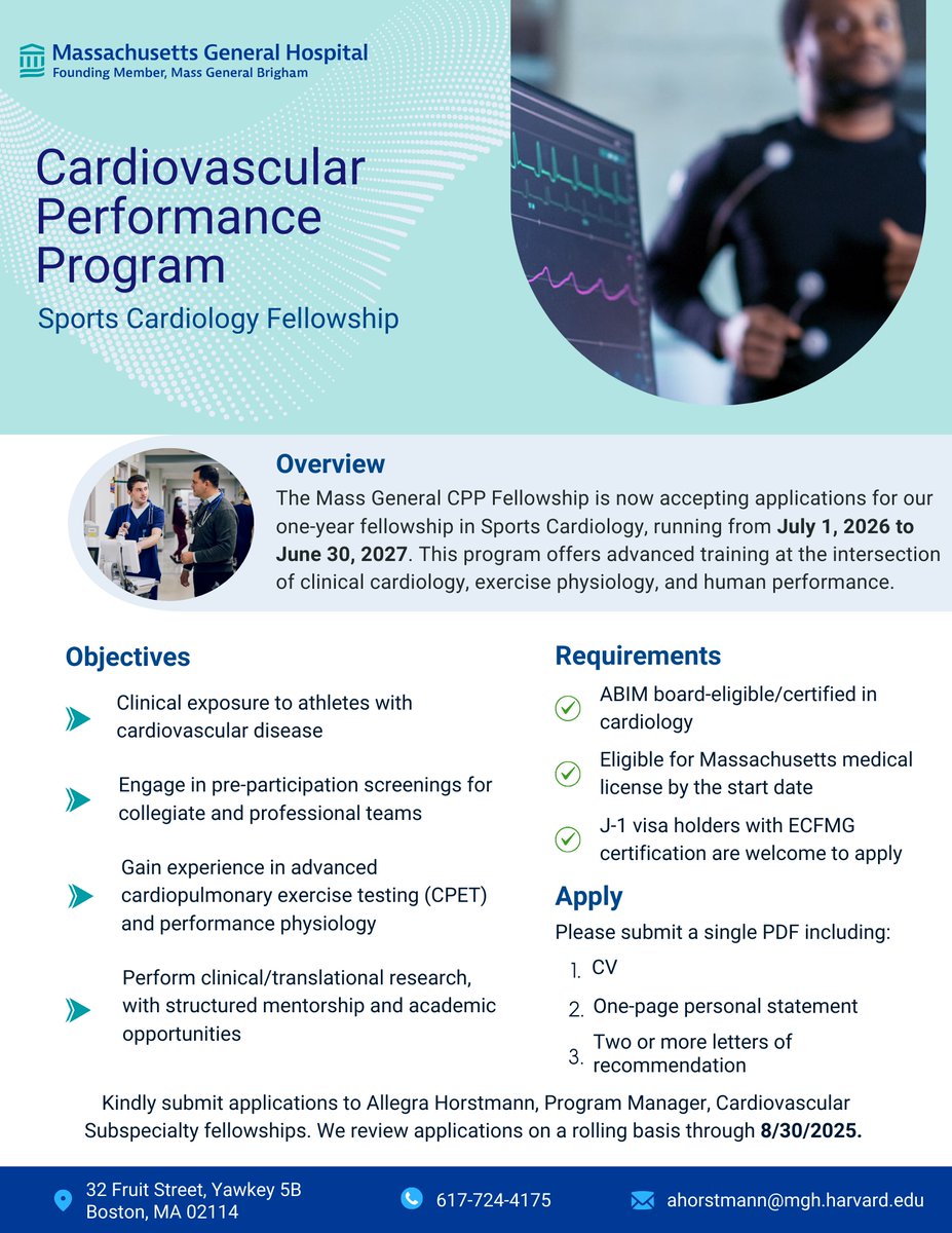 J. Sawalla Guseh, M.D. (@jsawallagusehmd) on Twitter photo Fitness is a vital sign—and athletes deserve care that reflects that.
The <a href="/MassGeneralNews/">MassGeneral News</a> Sports Cardiology Fellowship is now accepting applications for 2026–2027.
Train at the intersection of cardiology and performance with <a href="/harvardmed/">Harvard Medical School</a> + @MGHHeartCenter faculty.
cc: Fitness is a vital sign—and athletes deserve care that reflects that.
The <a href="/MassGeneralNews/">MassGeneral News</a> Sports Cardiology Fellowship is now accepting applications for 2026–2027.
Train at the intersection of cardiology and performance with <a href="/harvardmed/">Harvard Medical School</a> + @MGHHeartCenter faculty.
cc: