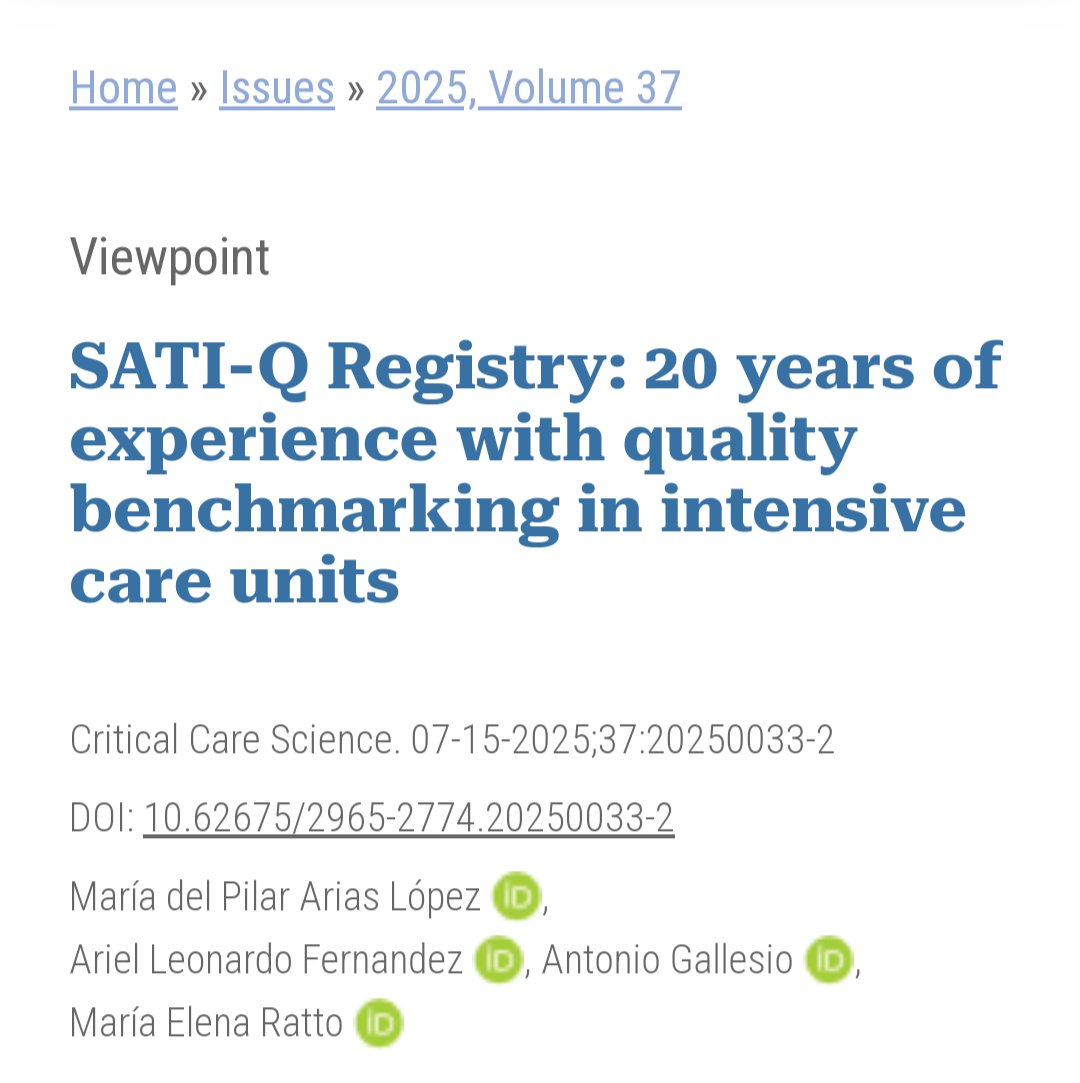 SATI-Q (@satiqgroup) on Twitter photo Muy contentos de compartir la experiencia de 20 años ininterrumpidos de Registro #SatiQ en
<a href="/critcarescience/">Critical Care Science</a>. Logros, desafíos y futuros proyectos @satiarg 👇
criticalcarescience.org/article/sati-q… Muy contentos de compartir la experiencia de 20 años ininterrumpidos de Registro #SatiQ en
<a href="/critcarescience/">Critical Care Science</a>. Logros, desafíos y futuros proyectos @satiarg 👇
criticalcarescience.org/article/sati-q…