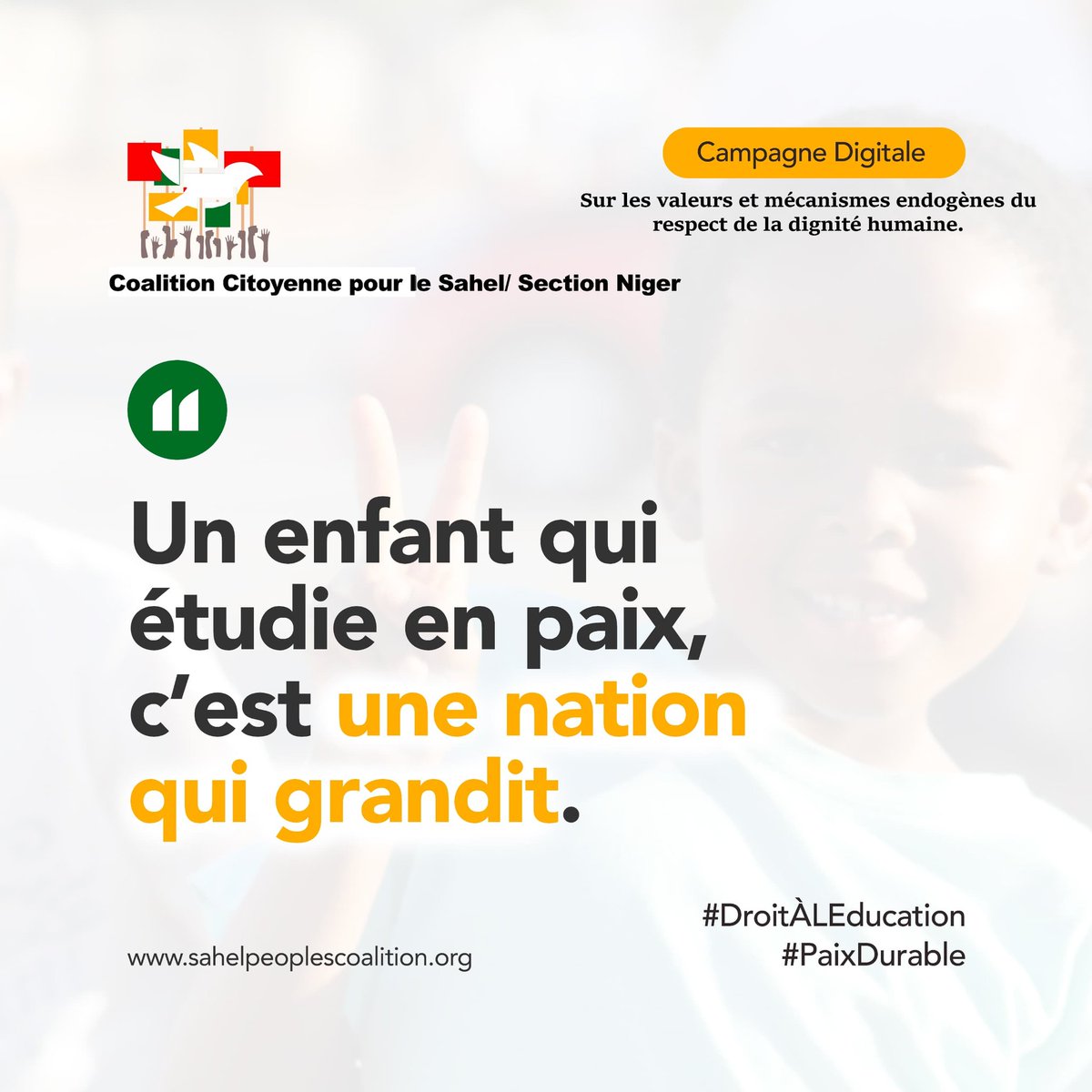 Un enfant qui étudie en paix, c’est une nation qui grandit. #DroitÀLEducation 
#PaixDurable