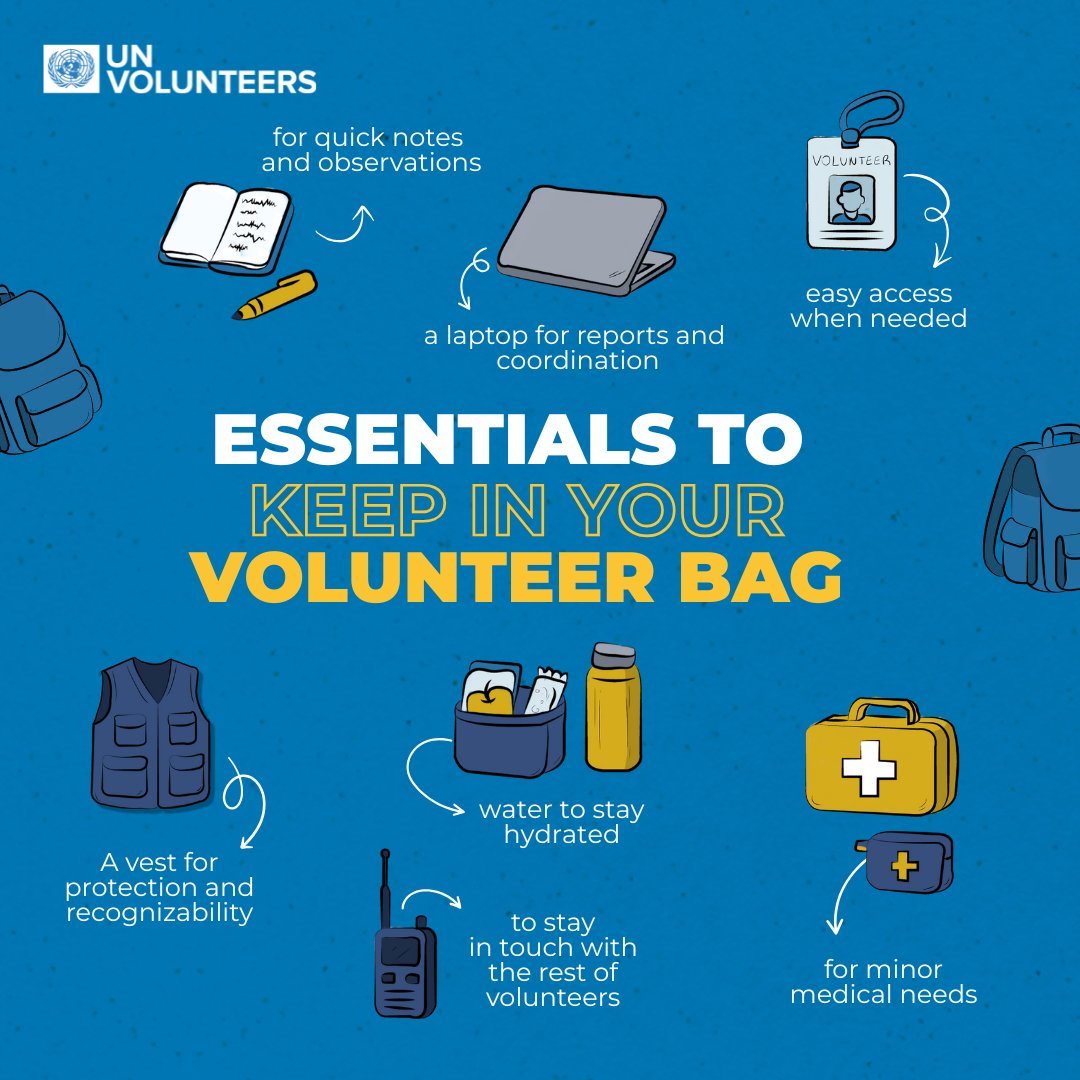 🧳What’s in your volunteer bag?
From notebooks to first aid kits, these essentials help #UNVolunteers stay ready, responsive, and resilient in the field. 💪
Pack smart. Serve better.