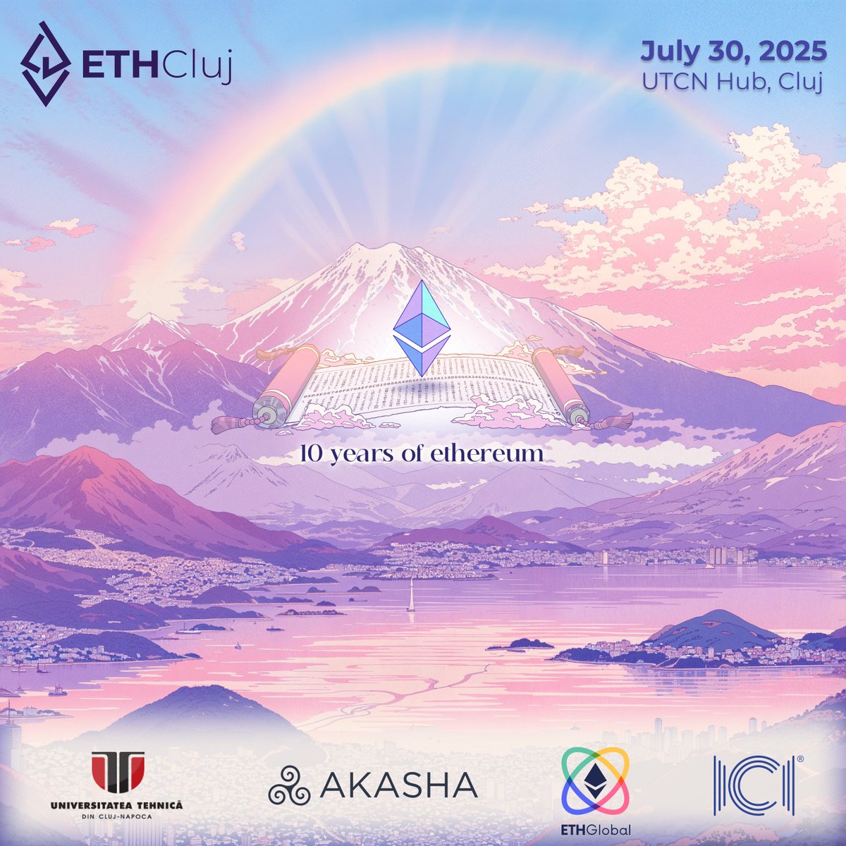 ETHCluj's tweet image. 2 weeks to go until #Ethereum turns 10🎉
We're marking this milestone our way
🎓Blockchain Academia workshops & hackathon
🍸Ethereum 10 Year Anniversary event: lu.ma/sfxc7yrs
Joining us to honour the journey: @AKASHAorg @ETHGlobal @utcluj @ICIBucharest @oceanprotocol