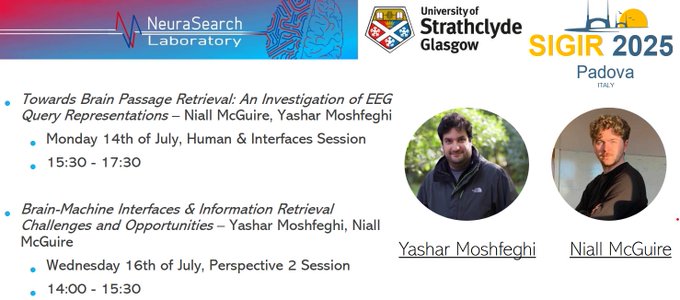 NeuraSearch Laboratory (@neurasearchlab) on Twitter photo This afternoon from 14:00 - 15:30 in the Perspective 2 Session located in the Petrarca hall, <a href="/YashMosh/">Yashar Moshfeghi</a> will be presenting his Perspective on the use of Brain Machine Interfaces within Information Retrieval🧠🔍. This afternoon from 14:00 - 15:30 in the Perspective 2 Session located in the Petrarca hall, <a href="/YashMosh/">Yashar Moshfeghi</a> will be presenting his Perspective on the use of Brain Machine Interfaces within Information Retrieval🧠🔍.