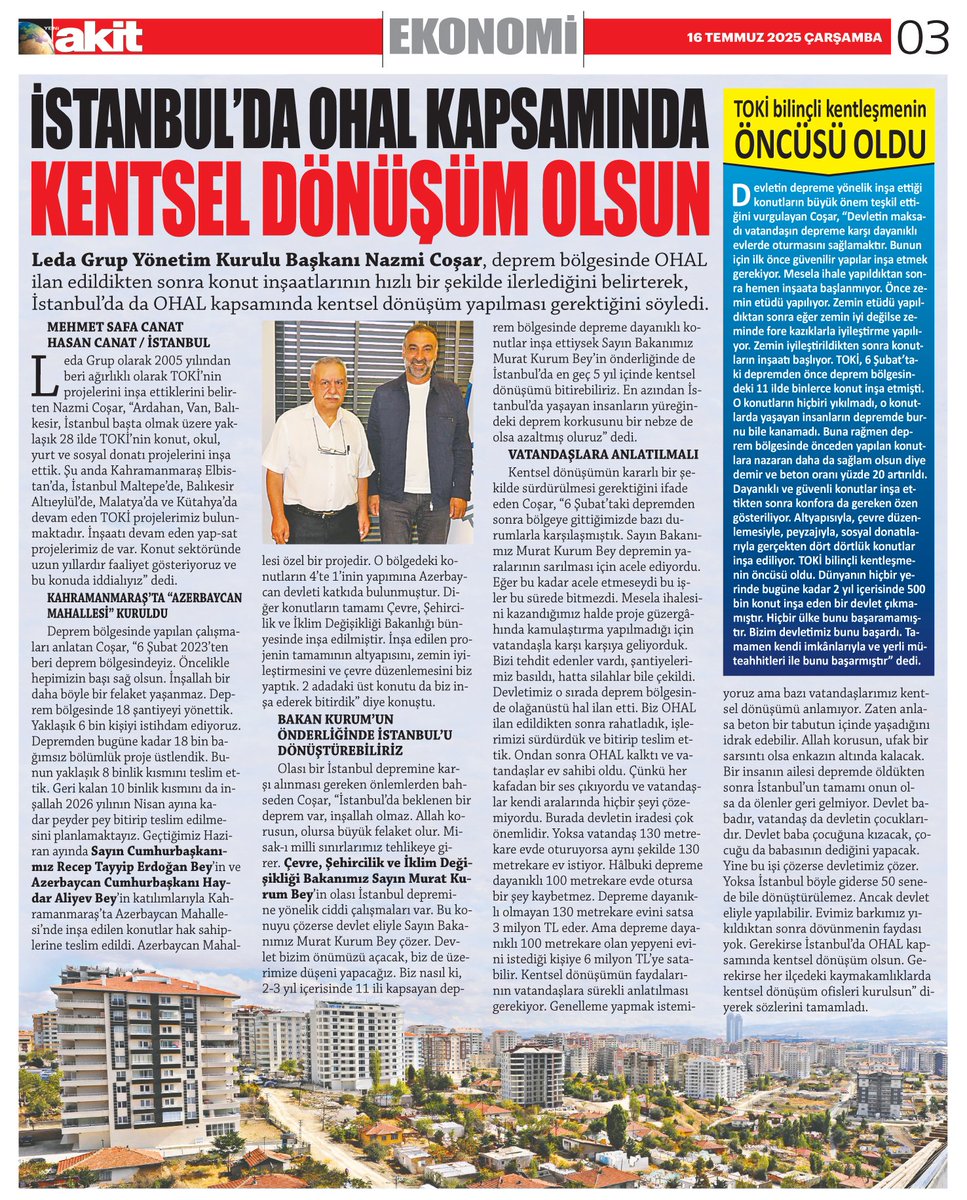İstanbul'da OHAL kapsamında kentsel dönüşüm olsun
<a href="/yeniakit/">Yeni Akit Gazetesi</a> <a href="/murat_kurum/">Murat KURUM</a> <a href="/csbgovtr/">T.C. Çevre, Şehircilik ve İklim Dğş. Bakanlığı</a> <a href="/toki_kurumsal/">TOKİ</a> <a href="/mlsungur/">M. Levent Sungur</a> <a href="/NazmiCoar2/">Nazmi Coşar</a> <a href="/LedaGrup/">Leda Grup</a> <a href="/HasanCanat/">Hasan Canat</a>
yeniakit.com.tr/haber/istanbul…