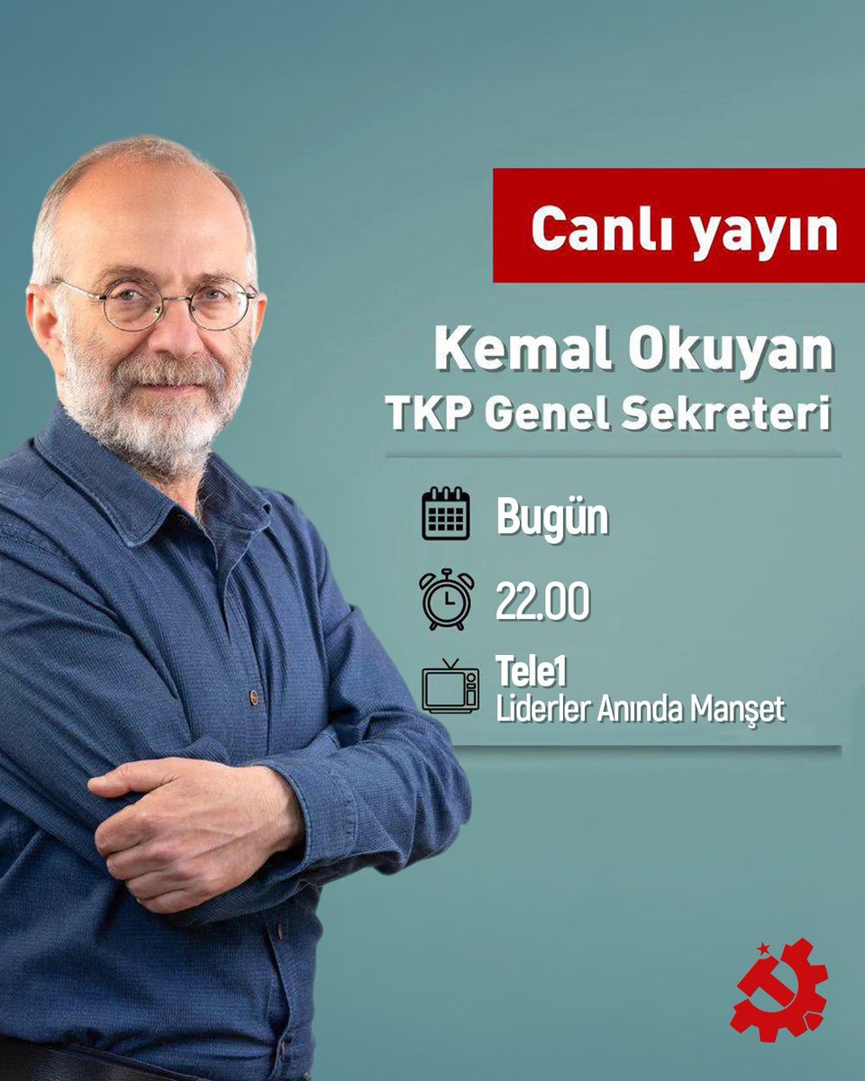 TKP (@tkpninsesi) on Twitter photo Genel Sekreterimiz Kemal Okuyan, bu akşam TELE1'de Tuncay Mollaveisoğlu'nun gündeme ilişkin sorularını yanıtlayacak.
<a href="/OkuyanKemal/">Kemal Okuyan</a> <a href="/TMollaveisoglu/">Tuncay Mollaveisoglu</a>
📆Saat 22.00
📡TELE1 Genel Sekreterimiz Kemal Okuyan, bu akşam TELE1'de Tuncay Mollaveisoğlu'nun gündeme ilişkin sorularını yanıtlayacak.
<a href="/OkuyanKemal/">Kemal Okuyan</a> <a href="/TMollaveisoglu/">Tuncay Mollaveisoglu</a>
📆Saat 22.00
📡TELE1