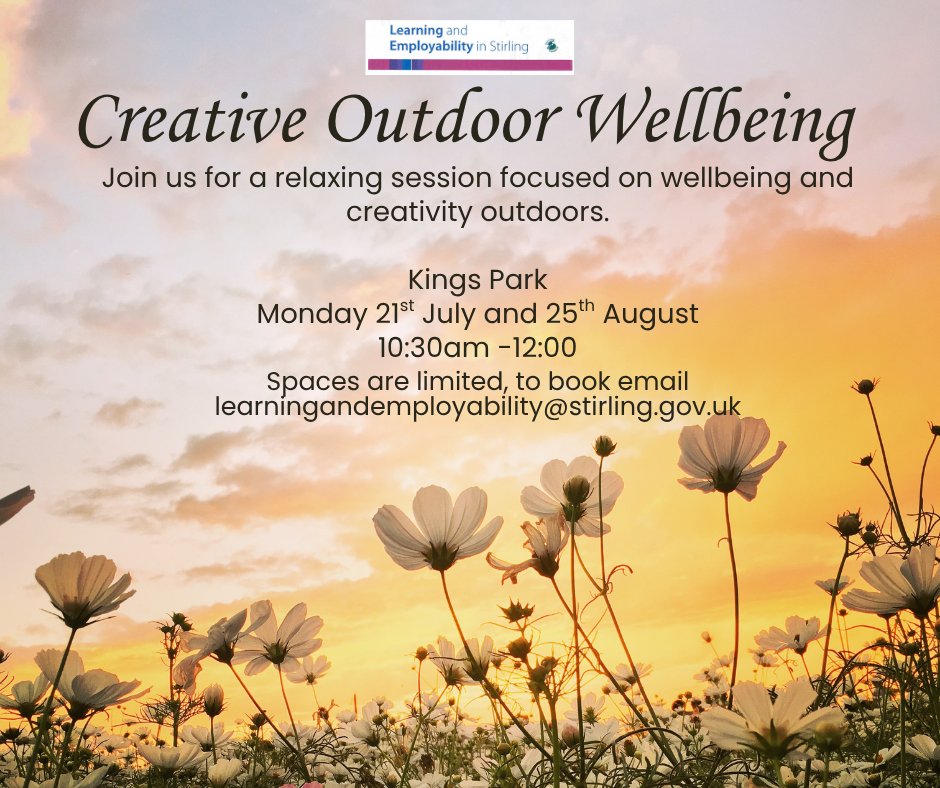 Learning and Employability - Stirling (@stirlearnemploy) on Twitter photo Join us for a relaxing session focused on wellbeing and creativity outdoors. ๐ค๏ธ
โผ๏ธ Please note places are limited so booking is essential.โผ๏ธ
To book a place email learningandemployability@stirling.gov.uk
#wellbeing #creativeoutdoors #stirling Join us for a relaxing session focused on wellbeing and creativity outdoors. ๐ค๏ธ
โผ๏ธ Please note places are limited so booking is essential.โผ๏ธ
To book a place email learningandemployability@stirling.gov.uk
#wellbeing #creativeoutdoors #stirling