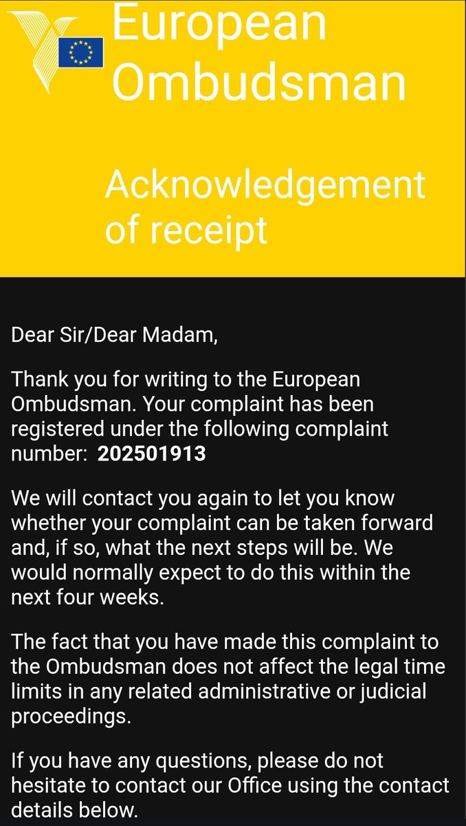r00t_Sigvall's tweet image. Otrzymałem potwierdzenie przyjęcia mojej skargi przez Europejskiego Rzecznika Praw Obywatelskich (European Ombudsman).
Skarga odnosi się do mojej korespondencji skierowanej do instytucji Unii Europejskiej w związku z poważnymi wątpliwościami co do przestrzegania standardów…