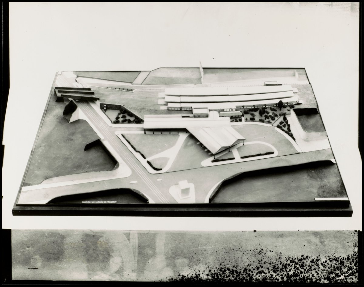 thorparchiveaub's tweet image. For the transport enthusiasts among our followers - does anyone recognise this station? It includes a tram (?) and bus interchange below and may never have been built. Model likely dates to the 1920s.