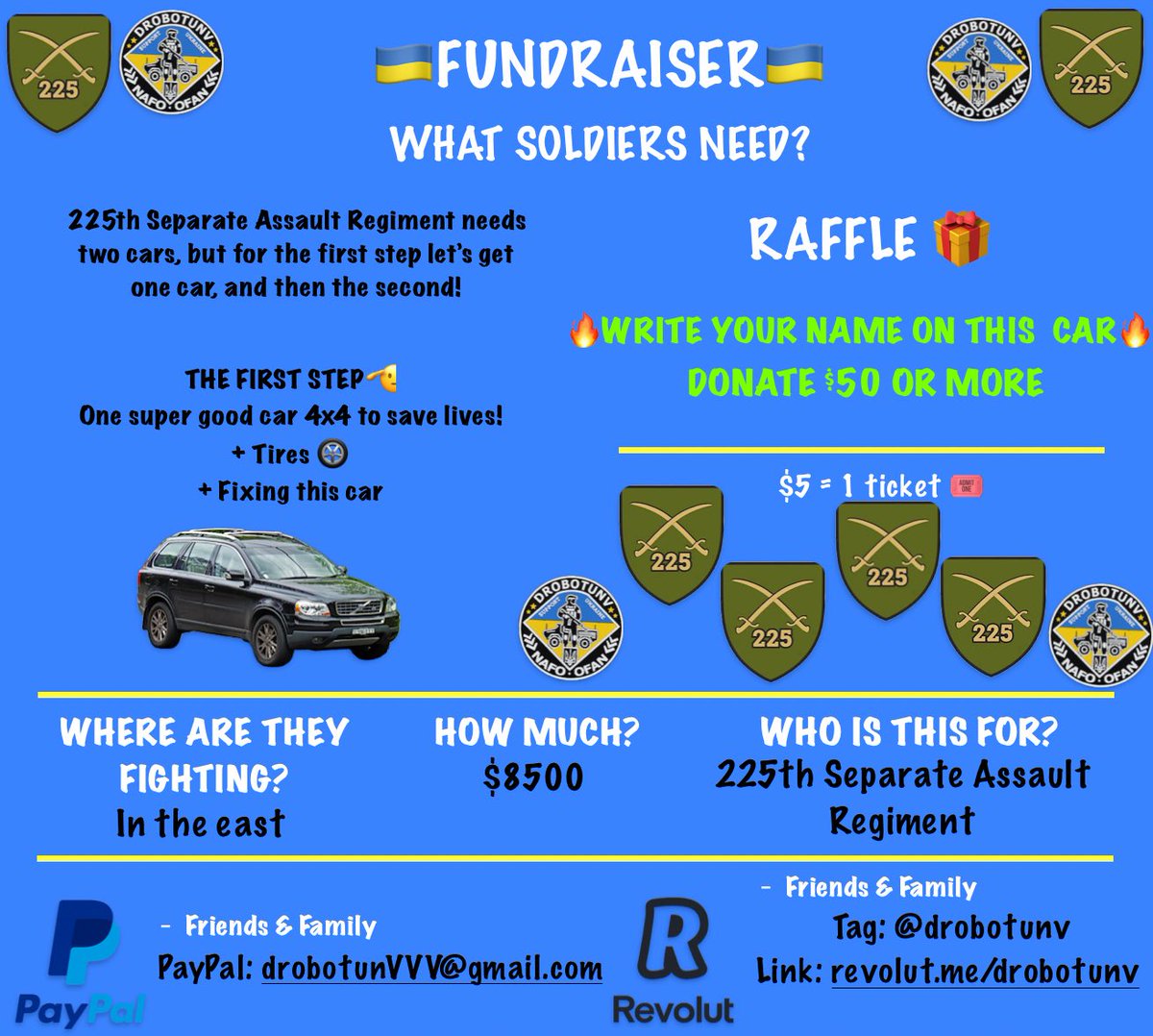 Drobotun Vitalii 🇺🇦 (@drobotunvitalii) on Twitter photo Friends, only $884 to finish this request!
It must be finished by 20.07
We are very close! Help if you can, please!
Help our defenders get the car, please! They very need it.
✏️Write your name on the car - $50 or more
🅿️🅿️: drobotunVVV@gmail.com
®️ & 🍏: Friends, only $884 to finish this request!
It must be finished by 20.07
We are very close! Help if you can, please!
Help our defenders get the car, please! They very need it.
✏️Write your name on the car - $50 or more
🅿️🅿️: drobotunVVV@gmail.com
®️ & 🍏: