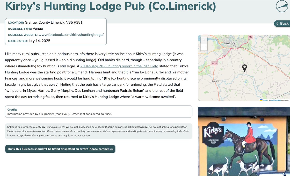 blood_business's tweet image. We'll take info from wherever we can get it, and the pro-hunt Irish Field mag is 'helping' us build up our listings of businesses that support Irish hunts. Our latest listing is a pub with a huge hunting mural by the front door! @banbloodsports
bloodbusiness.info/business/kirby…
